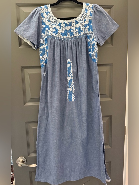 Mi Golondrina Dresses & Skirts - Mi Golondrina Chambray Blue Embroidered Midi Dress
